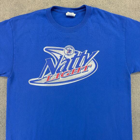 Natty Light Shirt Men's Medium Blue Short Sleeve Beer Shirt College Distressed - Picture 2 of 8